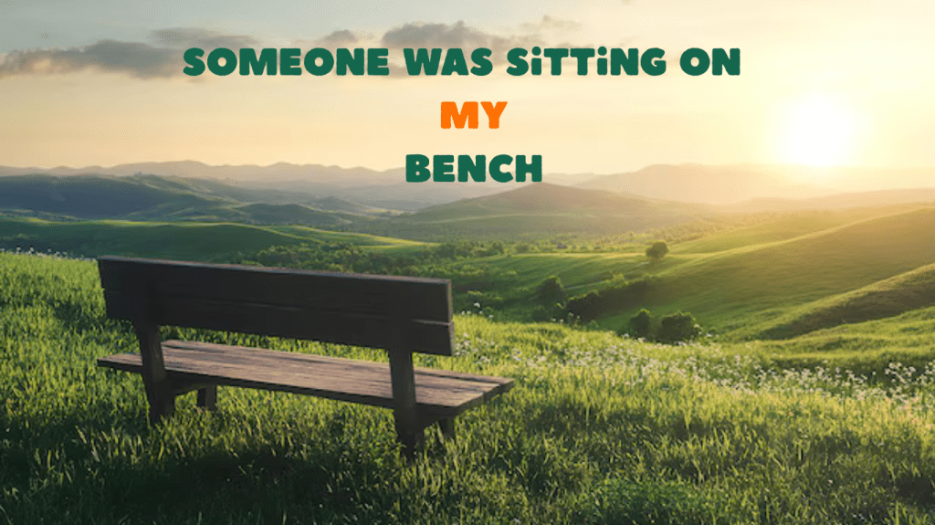 Wooden bench at the top of an orchard overlooking wet fields on a grey, windy day